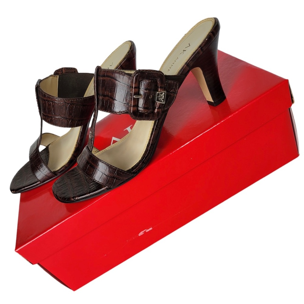 Ann Klein AKBelden Square Toe Sandals Dark Brown Slides Croc Embossed Pattern